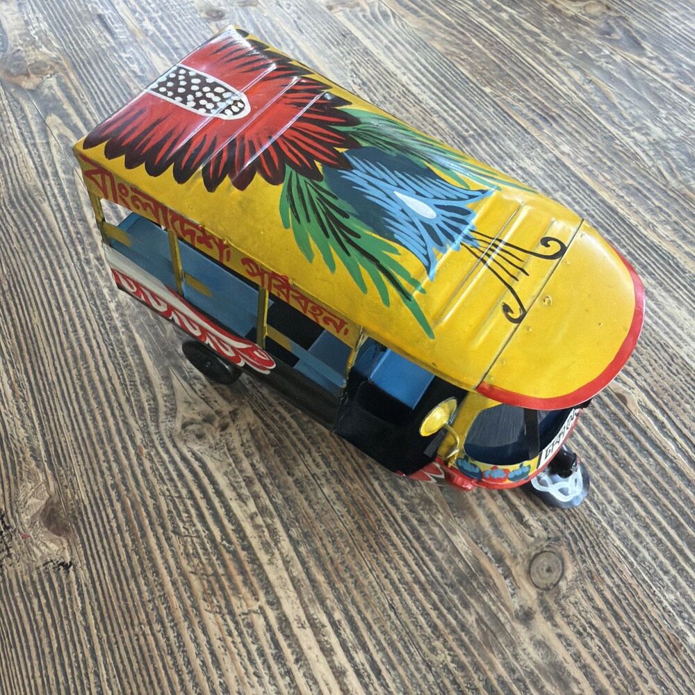 Hand Painted Tin Toy Auto Rickshaw Miniature Bangladesh Folk Art Decor Baby Taxi